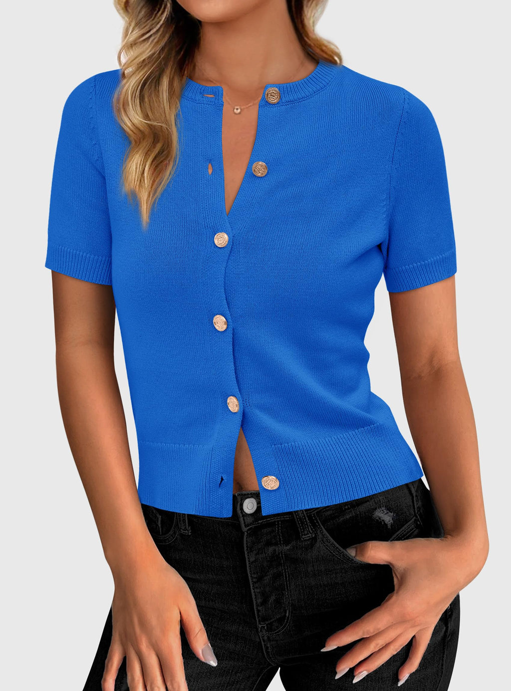 PRETTYGARDEN Womens Casual Summer Short Sleeve Cardigans Button Down Knitted Sweater Basic Crew Neck Crop Tops