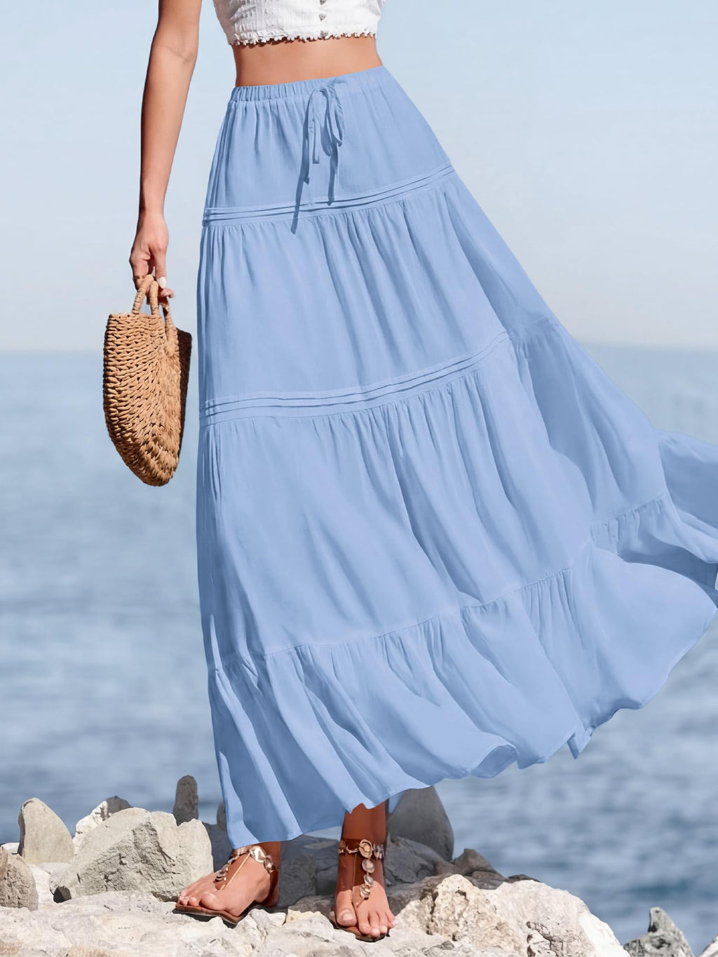 BTFBM Spring Skirts for Women Summer Boho Beach Vacation Clothes Casual Pleated High Waisted Flowy Maxi Skirt