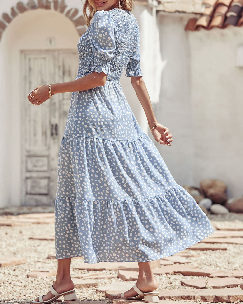 FreshPretty Women Casual Summer Dresses Spring Crew Neck Ruffle Short Sleeve Floral Print Smocked Boho Flowy Maxi Dress