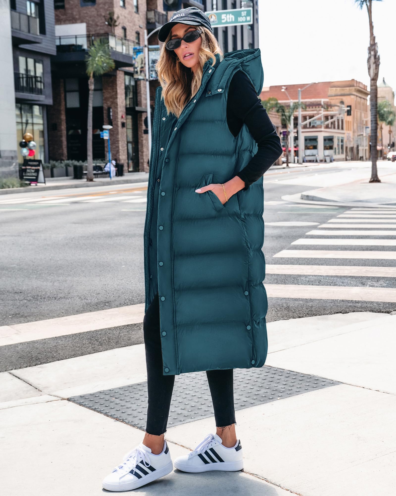FreshPretty Long Puffer Vest Women Quilted Hooded Button Down Zip Up Sleeveless Vests Outerwear Padded Jacket Fall Winter Coat