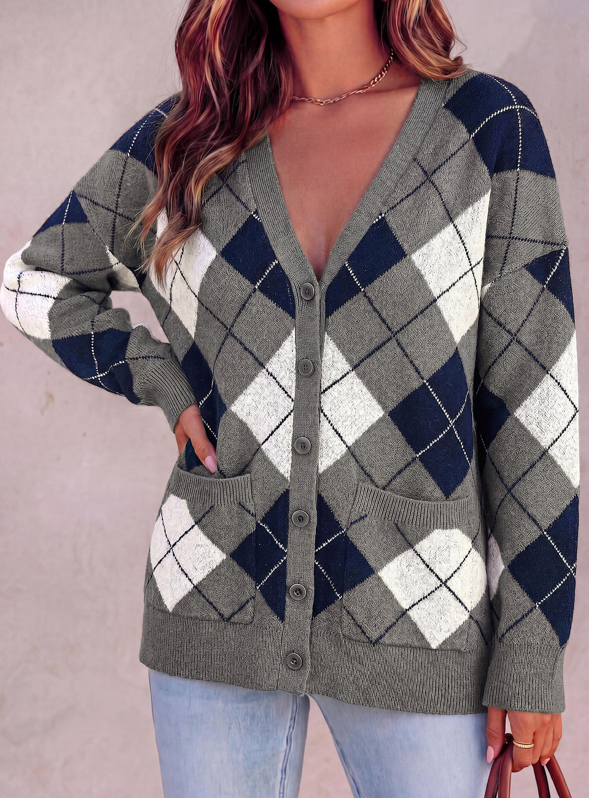 PRETTYGARDEN Women's Cardigan Argyle Winter Sweaters Cozy Warm Chunky Knit, Long Sleeve V Neck, Color Block Plaid, Button Up Pocket,Trendy Fall Jackets, Holiday Going Out Outfits