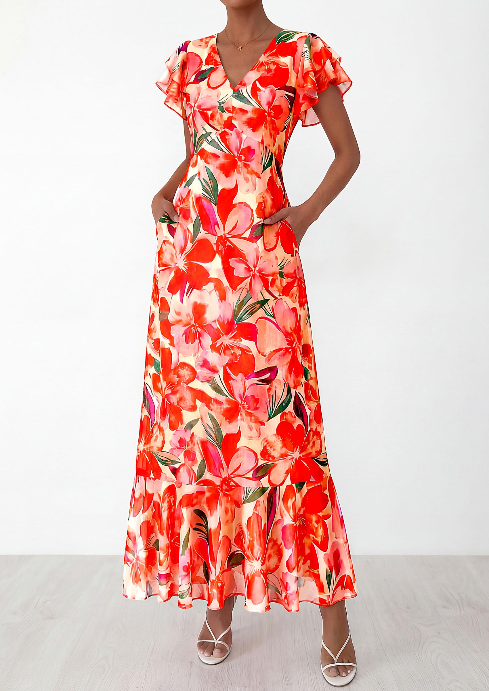 PRETTYGARDEN Womens Summer Floral Maxi Dresses Spring Short Sleeve Ruffle V Neck Flowy Boho Long Beach Vacation Sundress