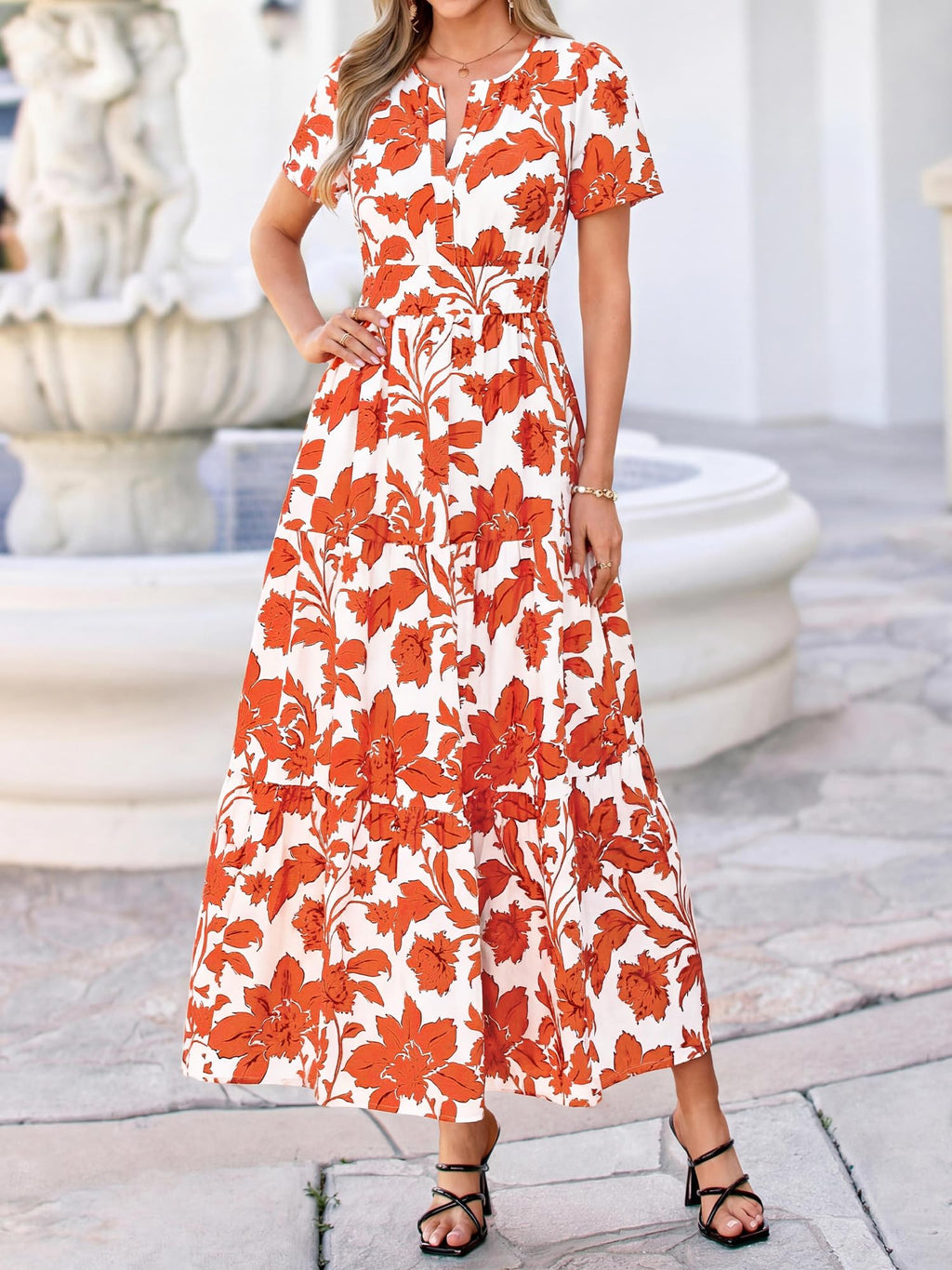 BTFBM Womens Summer Floral Maxi Dresses V Neck Short Sleeve Boho Casual Flowy Long Wedding Guest Dress Beach Vacation