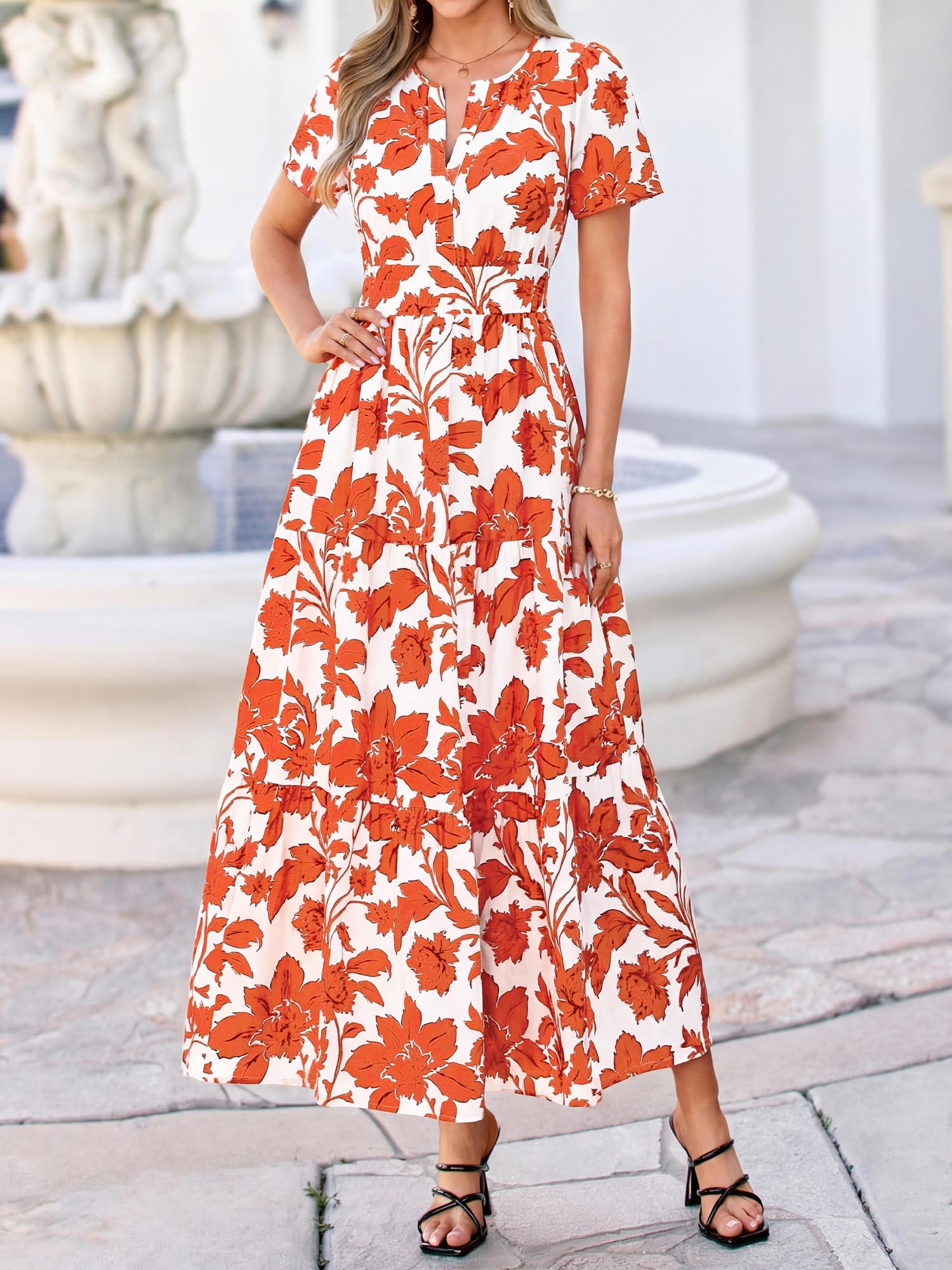 BTFBM Womens Summer Floral Maxi Dresses V Neck Short Sleeve Boho Casual Flowy Long Wedding Guest Dress Beach Vacation