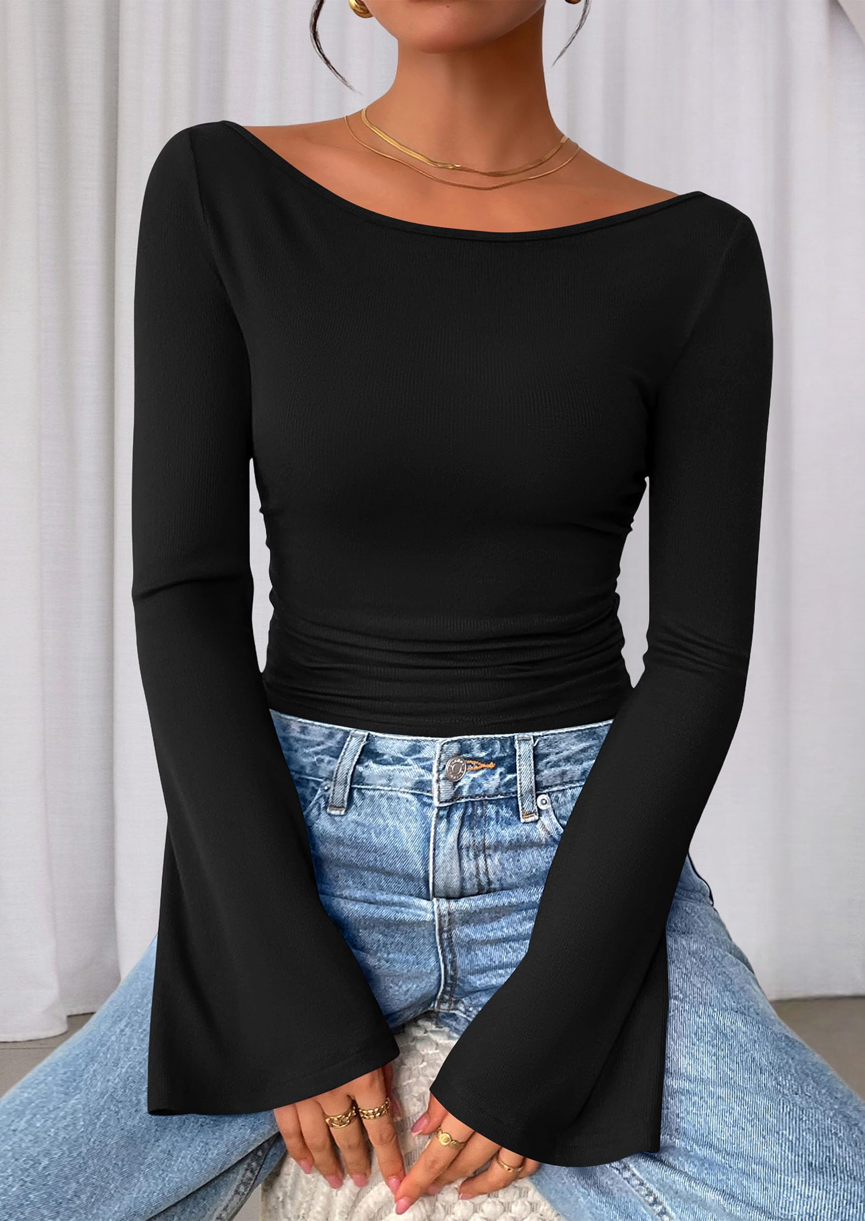 PRETTYGARDEN Women's Long Sleeve Shirts Fall Crop Going Out Tops Casual Boat Neck Bell Sleeve Ribbed Ruched Y2K Clothes