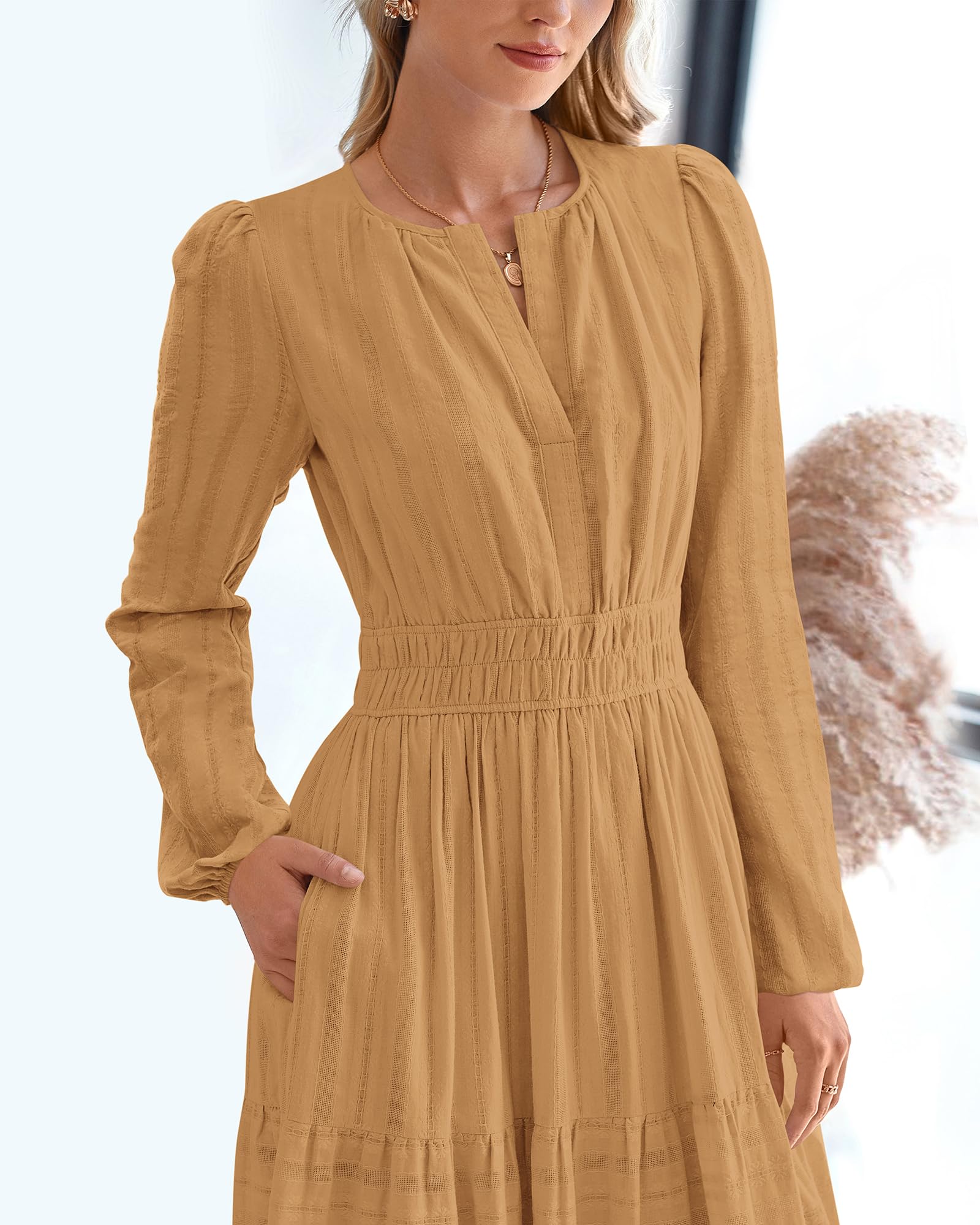 BTFBM Spring Dresses for Women 2026 Casual Long Sleeve V Neck Elastic Waist Lightweight Maxi Wedding Guest Dress Pockets