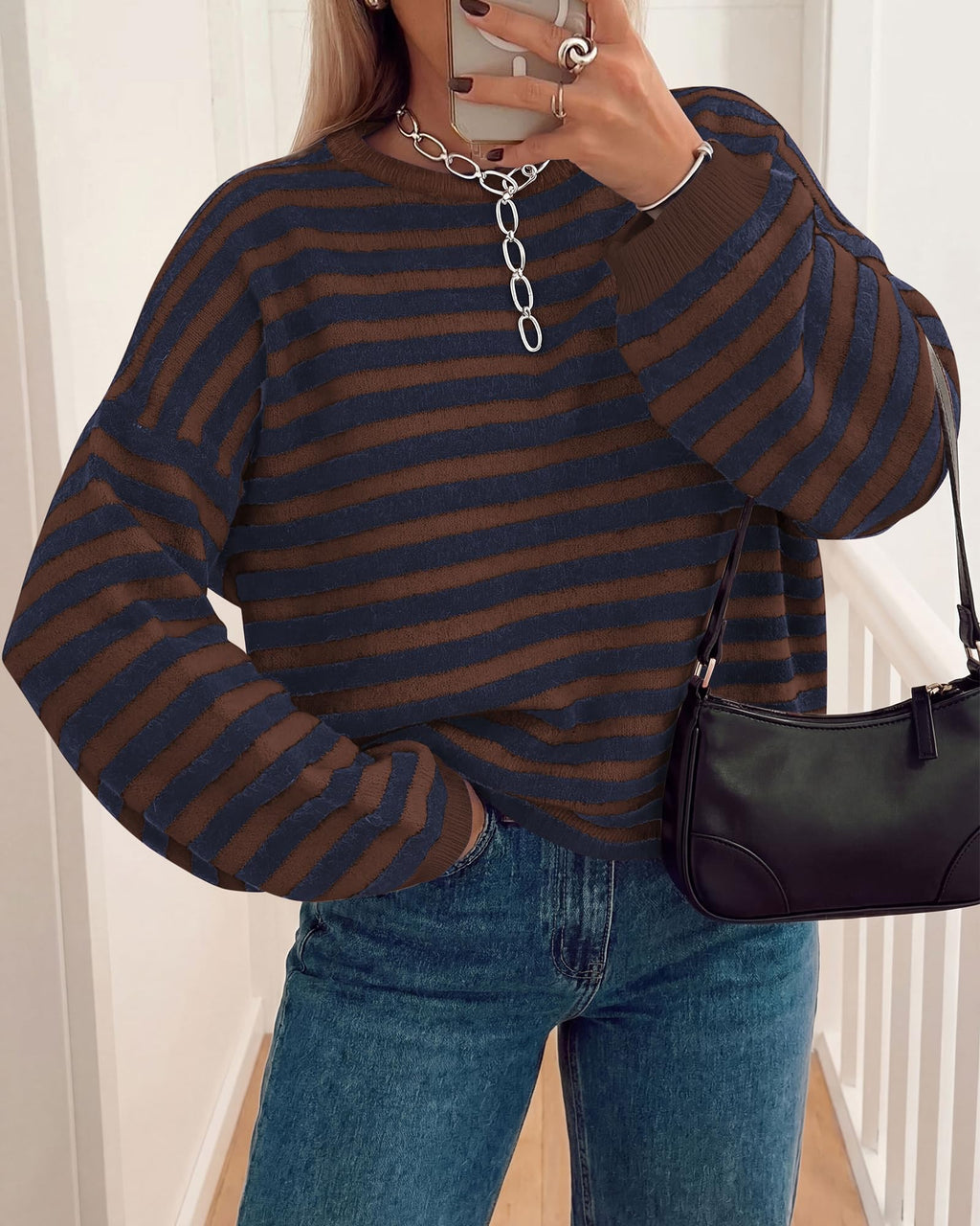BTFBM Women's Lightweight Oversized Striped Sweater | Soft Knit Cozy Sweaters, Crew Neck Long Sleeve Pullover, y2k Color Block, Casual Holiday Outfits, Winter Fall Clothes
