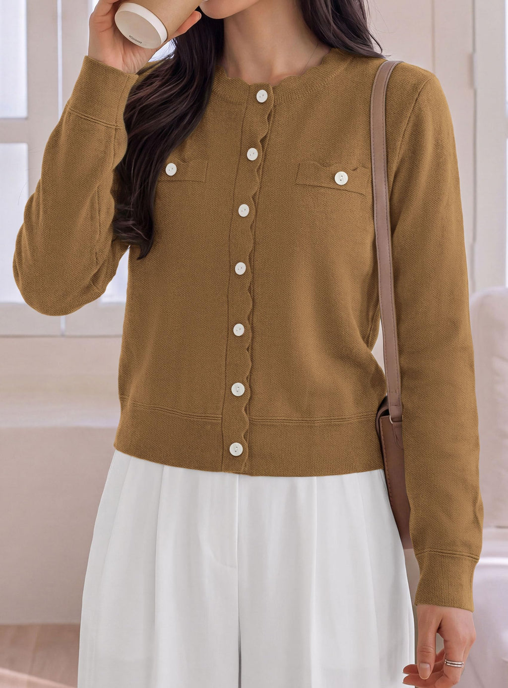 PRETTYGARDEN Cardigan Sweaters for Women Scalloped Button Up Fall Outfits Soft Knit Long Sleeve Knit Tops,Crew Neck,Business Casual Outfits,Office Work Lightweight Sweater,Layers Clothes