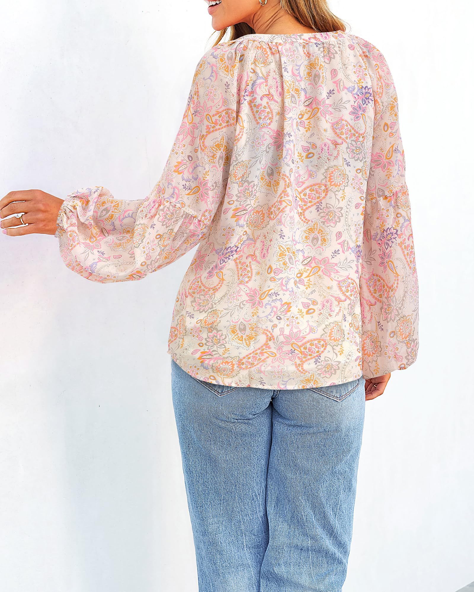 FreshPretty Blouses for Women Floral Boho Tops V Neck Lightweight Long Sleeve Shirts Fall Dressy Casual Vacation Outfits