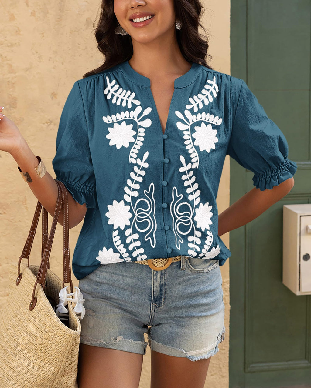 BTFBM Women's Spring Tops Casual Floral Boho V Neck Puff Short Sleeve Button Down Shirts Embroidered Blouses Tunic