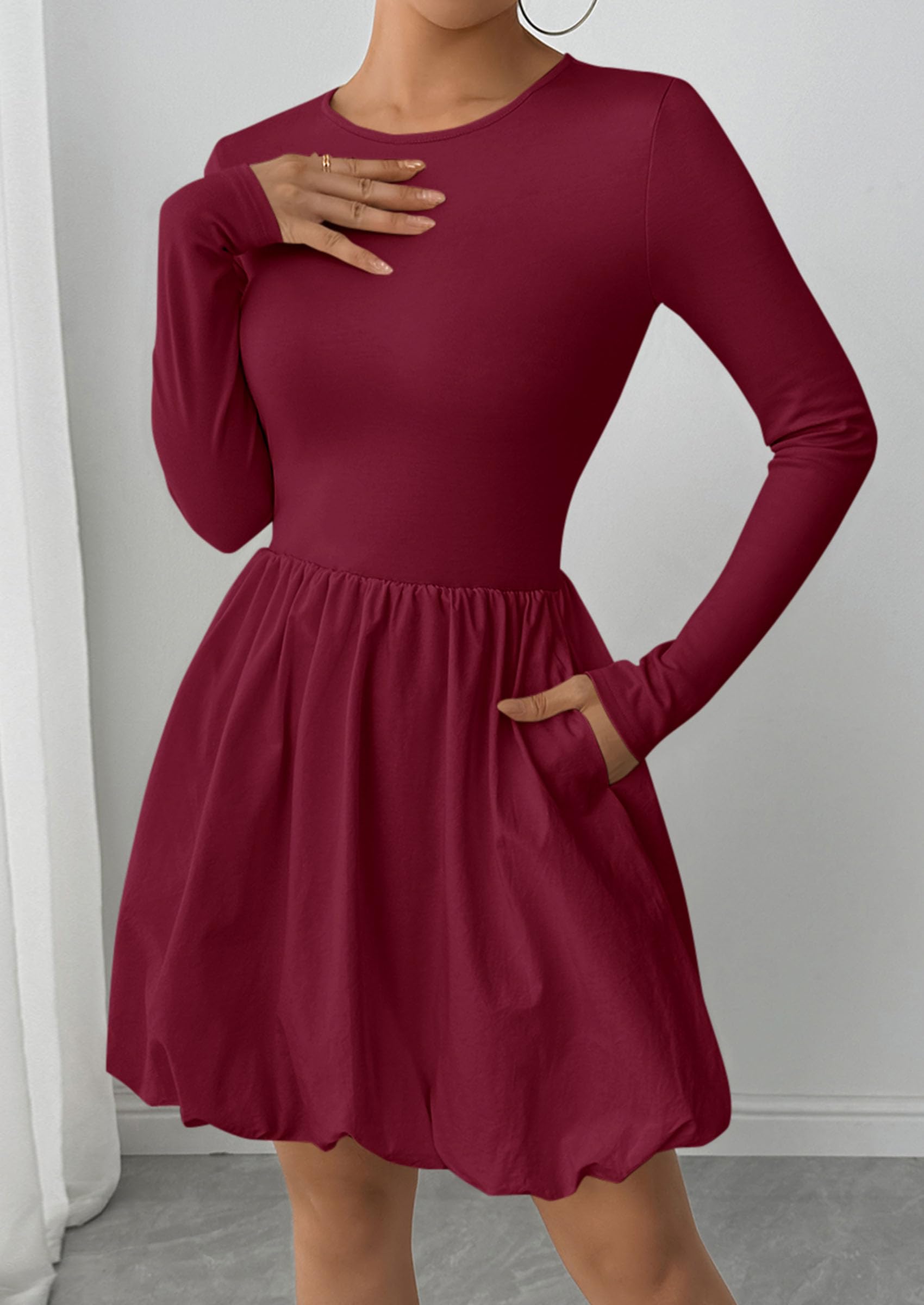 PRETTYGARDEN Fall Dresses for Women Casual Long Sleeve Bubble Cute Crew Neck A Line Mini Short Dress with Pockets