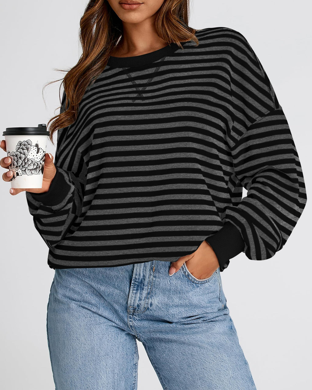 BTFBM Sweatshirt For Women Summer Crewneck Long Sleeve Oversized Striped Pullover Tops Y2K Clothes Workout Shirt