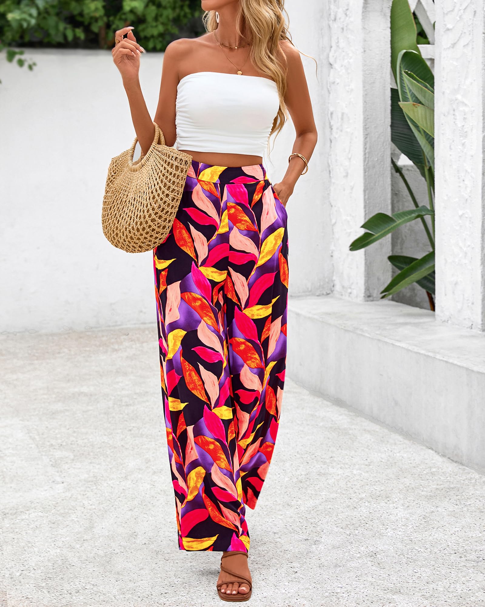 FreshPretty Womens Wide Leg Summer Pants Boho Beach Vacation Loose Elastic Waist Printed Palazzo Pant Pockets