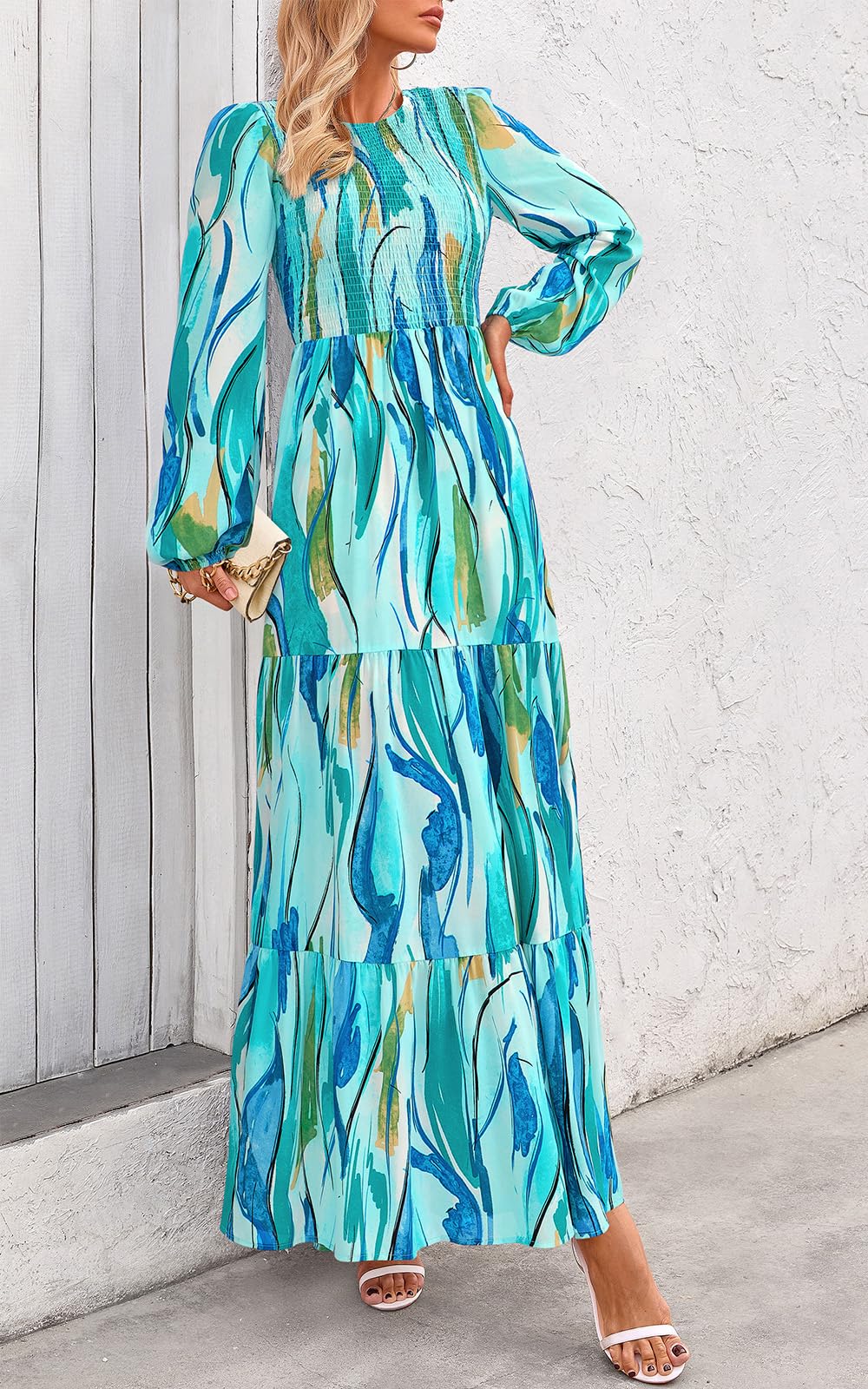 PRETTYGARDEN Women's Fall Dresses Long Sleeve Flowy Casual Floral Maxi Dress Crew Neck Smocked Tiered Long Dress