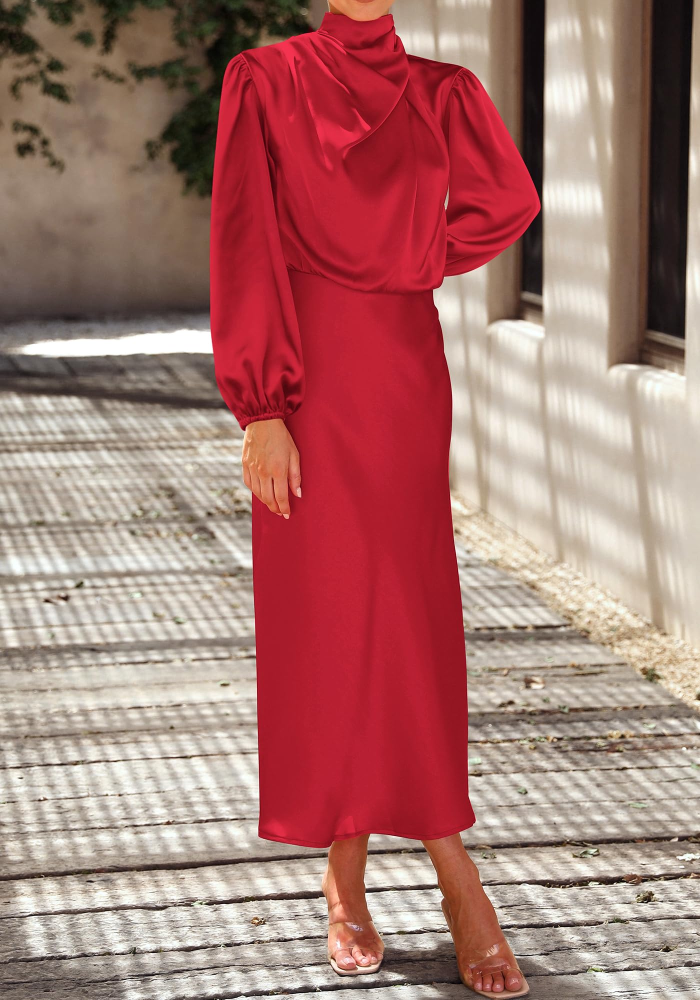 BTFBM Womens Mock Neck Satin Dress Spring Summer Long Sleeve Lightweight Formal Wedding Party Maxi Cocktail Dresses
