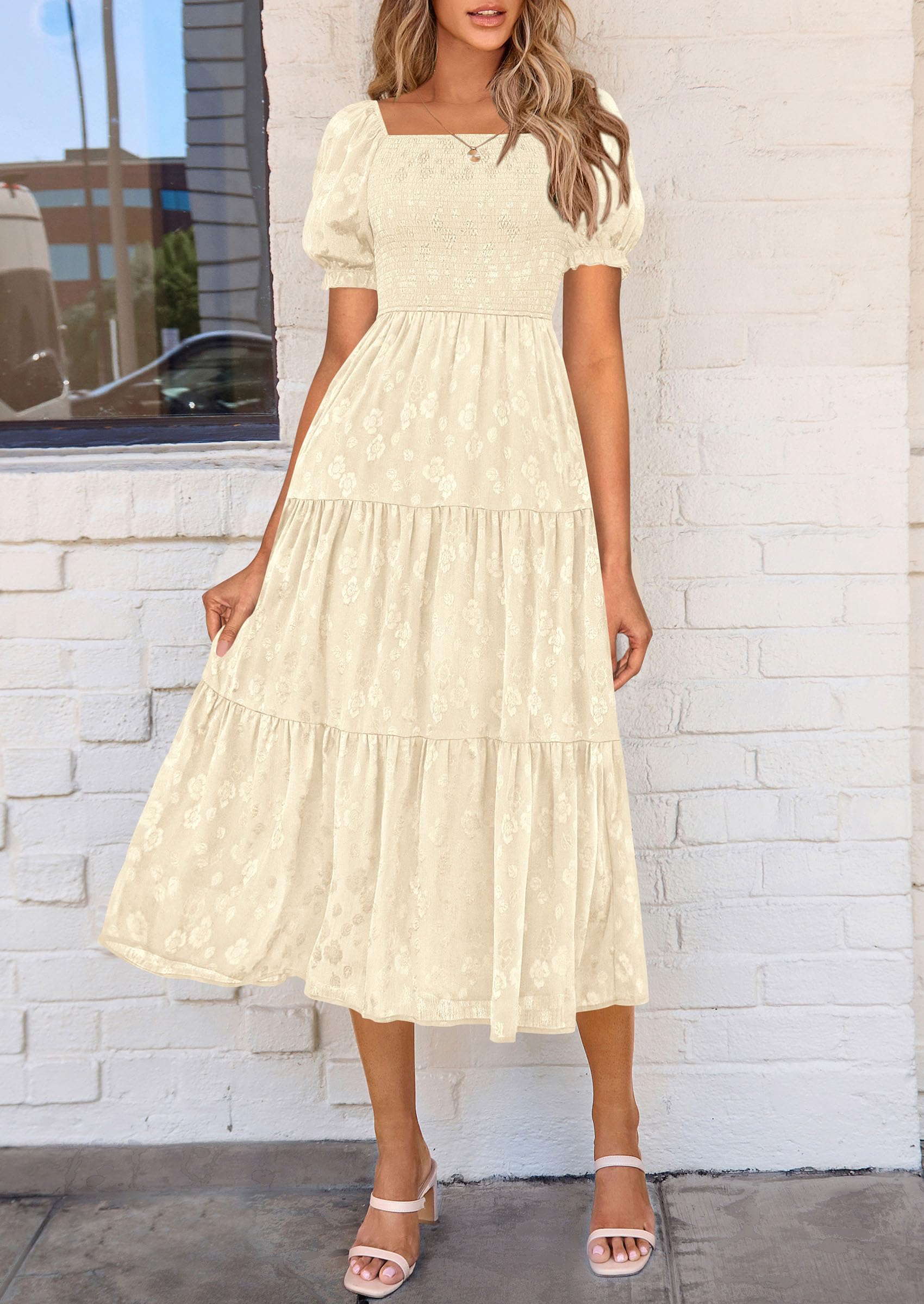 PRETTYGARDEN Women's Summer Casual Midi Dresses Square Neck Short Sleeve Smocked A Line Floral Flowy Elegant Boho Dress