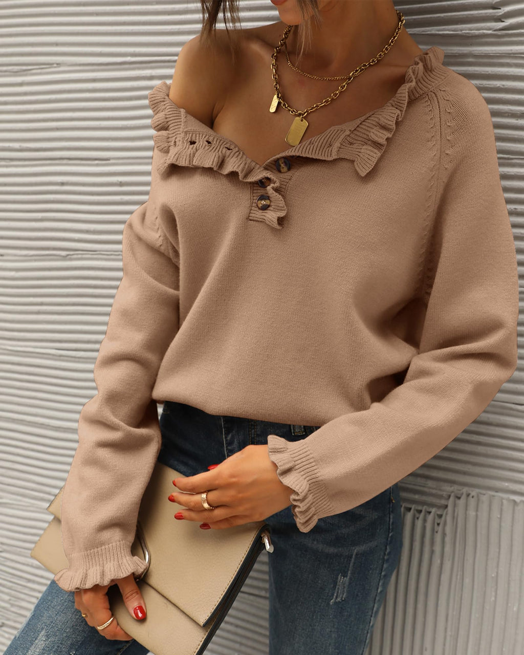 FreshPretty Womens Sweaters Fall Winter Clothes Long Sleeve Button Down Ruffle Crew Neck Casual Knitted Pullover Tops