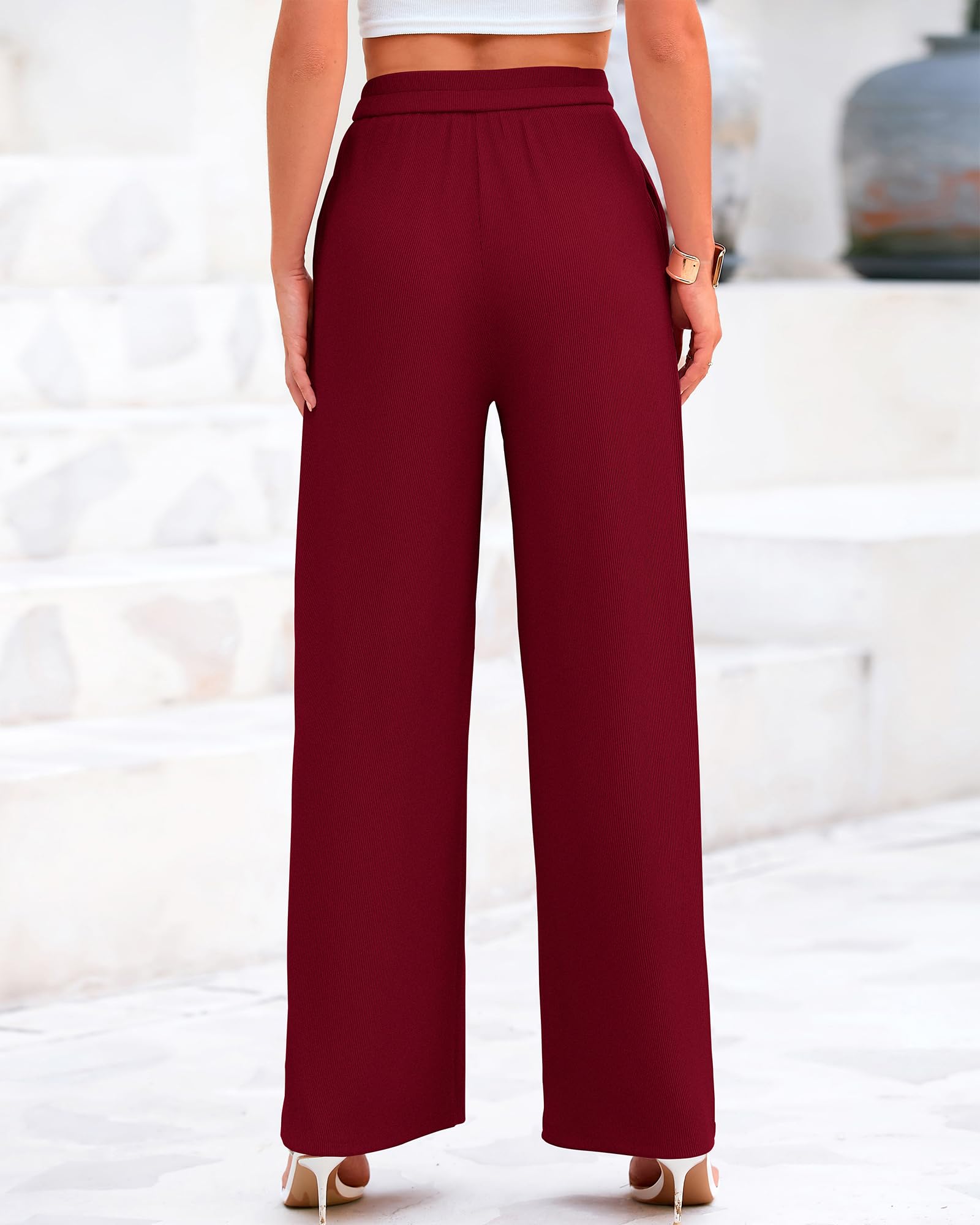 BTFBM Palazzo Pants for Women Spring Summer Clothes Pockets High Waist Casual Knit Flowy Wide Leg Trousers