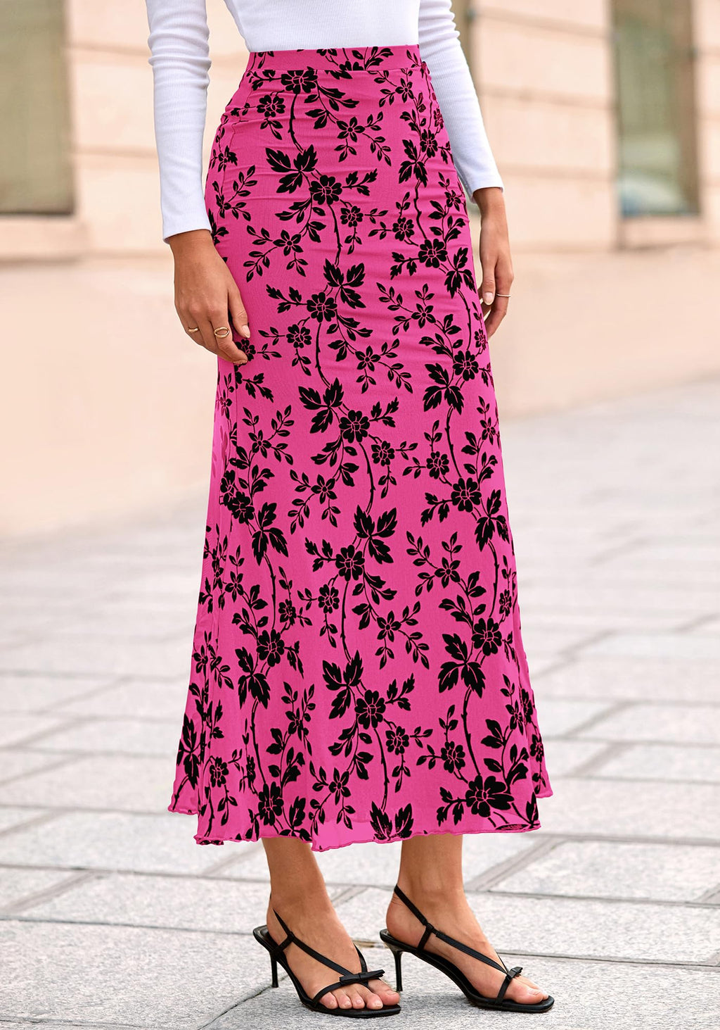 BTFBM Womens Floral Mesh Maxi Skirt Spring Summer Elastic High Waisted Boho Elegant Mermaid Long Skirts for Women