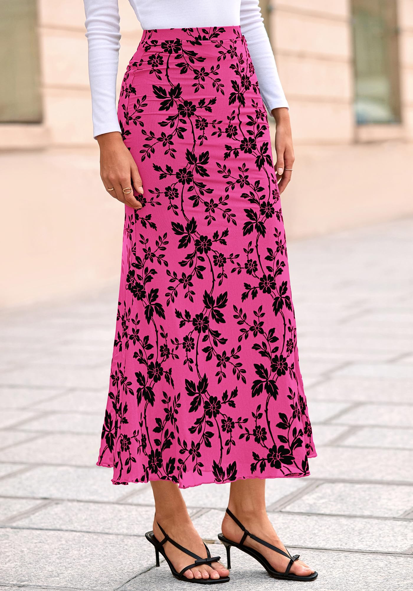 BTFBM Womens Floral Mesh Maxi Skirt Spring Summer Elastic High Waisted Boho Elegant Mermaid Long Skirts for Women