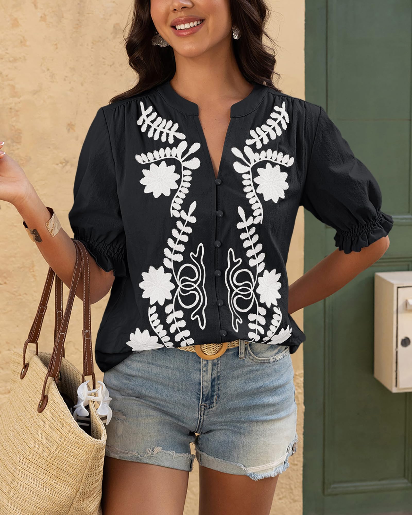 BTFBM Women's Spring Tops Casual Floral Boho V Neck Puff Short Sleeve Button Down Shirts Embroidered Blouses Tunic