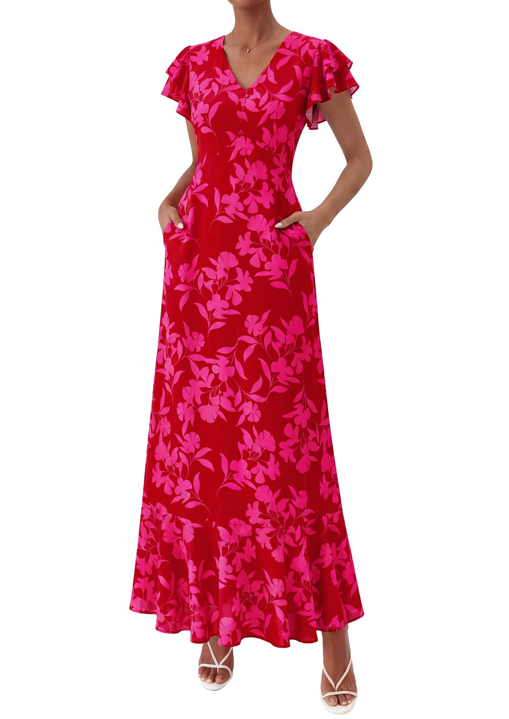 PRETTYGARDEN Womens Summer Floral Maxi Dresses Spring Short Sleeve Ruffle V Neck Flowy Boho Long Beach Vacation Sundress