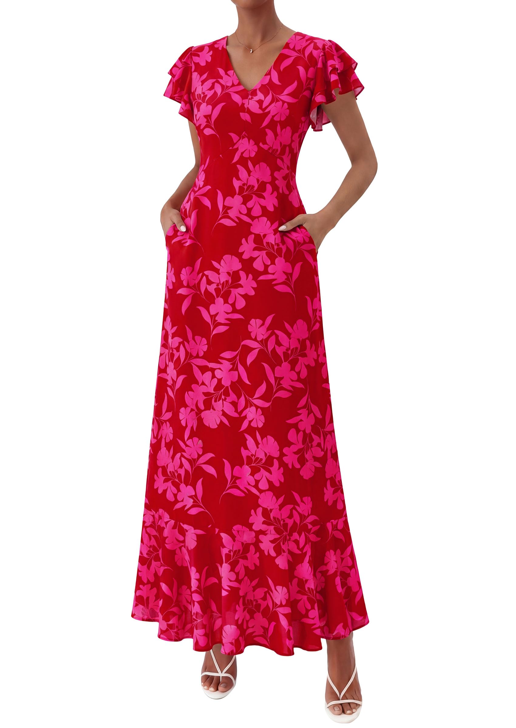 PRETTYGARDEN Womens Summer Floral Maxi Dresses Spring Short Sleeve Ruffle V Neck Flowy Boho Long Beach Vacation Sundress