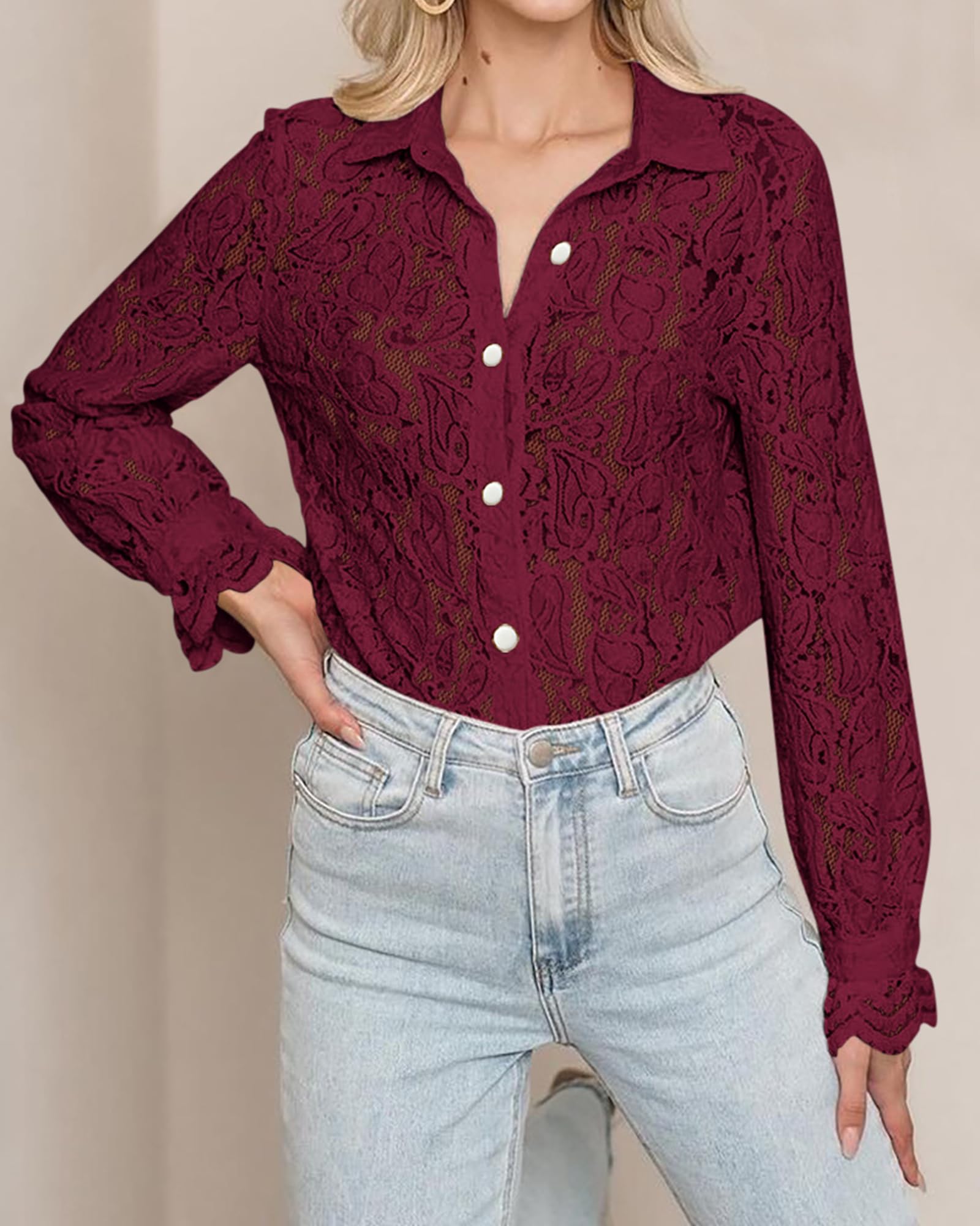 FreshPretty Long Sleeve Lace Blouses for Women Spring Dressy Casual Button Down Shirts Date Night Outfit Club Party Tops