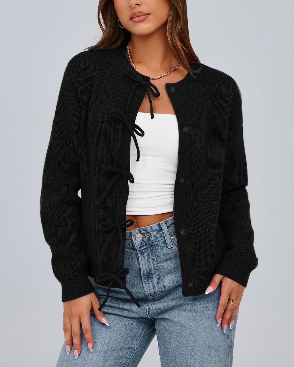 BTFBM Bow Cropped Cardigan Sweaters for Women Fall Winter Open Front Sweater Long Sleeve Button Fashion Spring Clothes