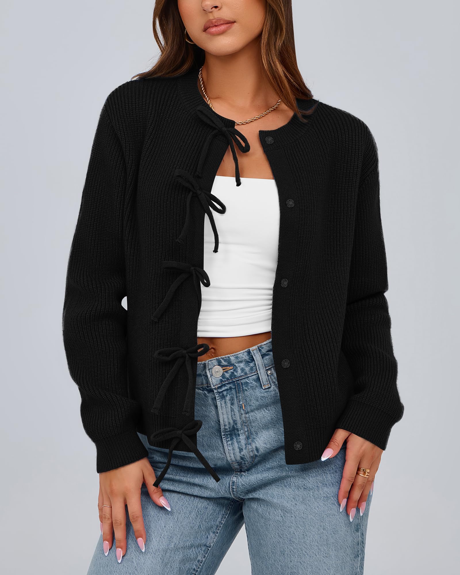 BTFBM Bow Cropped Cardigan Sweaters for Women Fall Winter Open Front Sweater Long Sleeve Button Fashion Spring Clothes