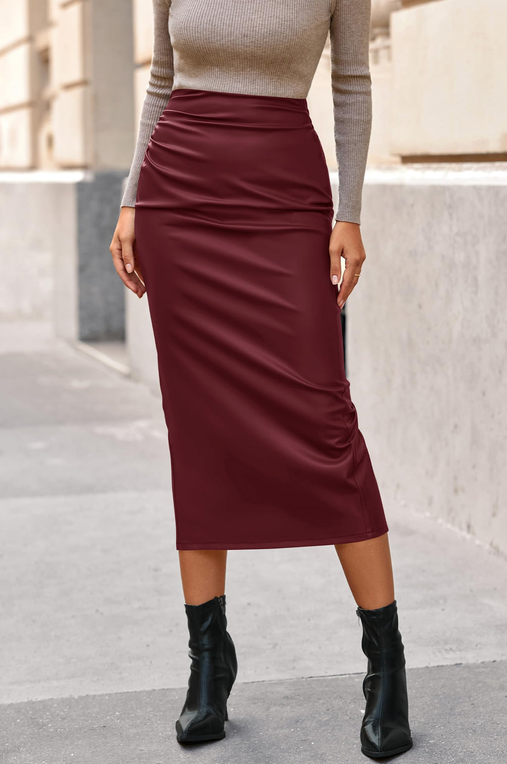 BTFBM Skirts for Women Trendy Spring Elastic Waist Ruched Bodycon Slit Pencil Midi Leather Skirt Bussiness Casual