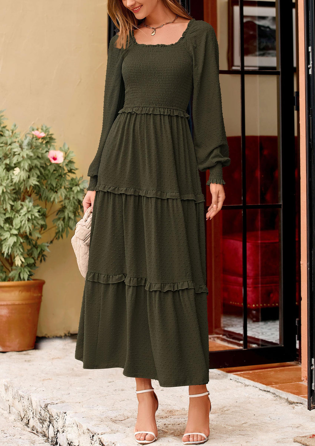 PRETTYGARDEN Fall Dresses for Women Long Sleeve Smocked Square Neck Swiss Dot Tiered Flowy Wedding Guest Maxi Dress