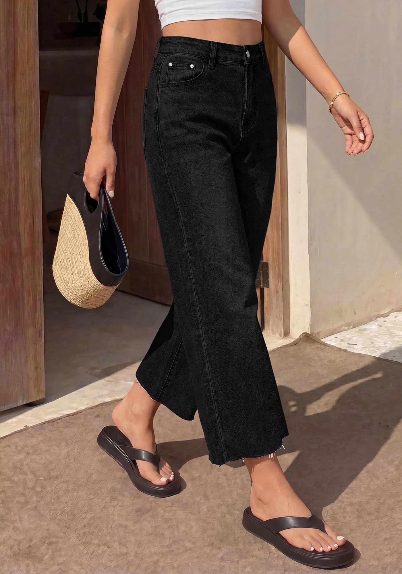 BTFBM Jeans for Women Summer High Waisted Button Straight Leg Stretchy Cropped Raw Hem Trendy Denim Pants Pockets