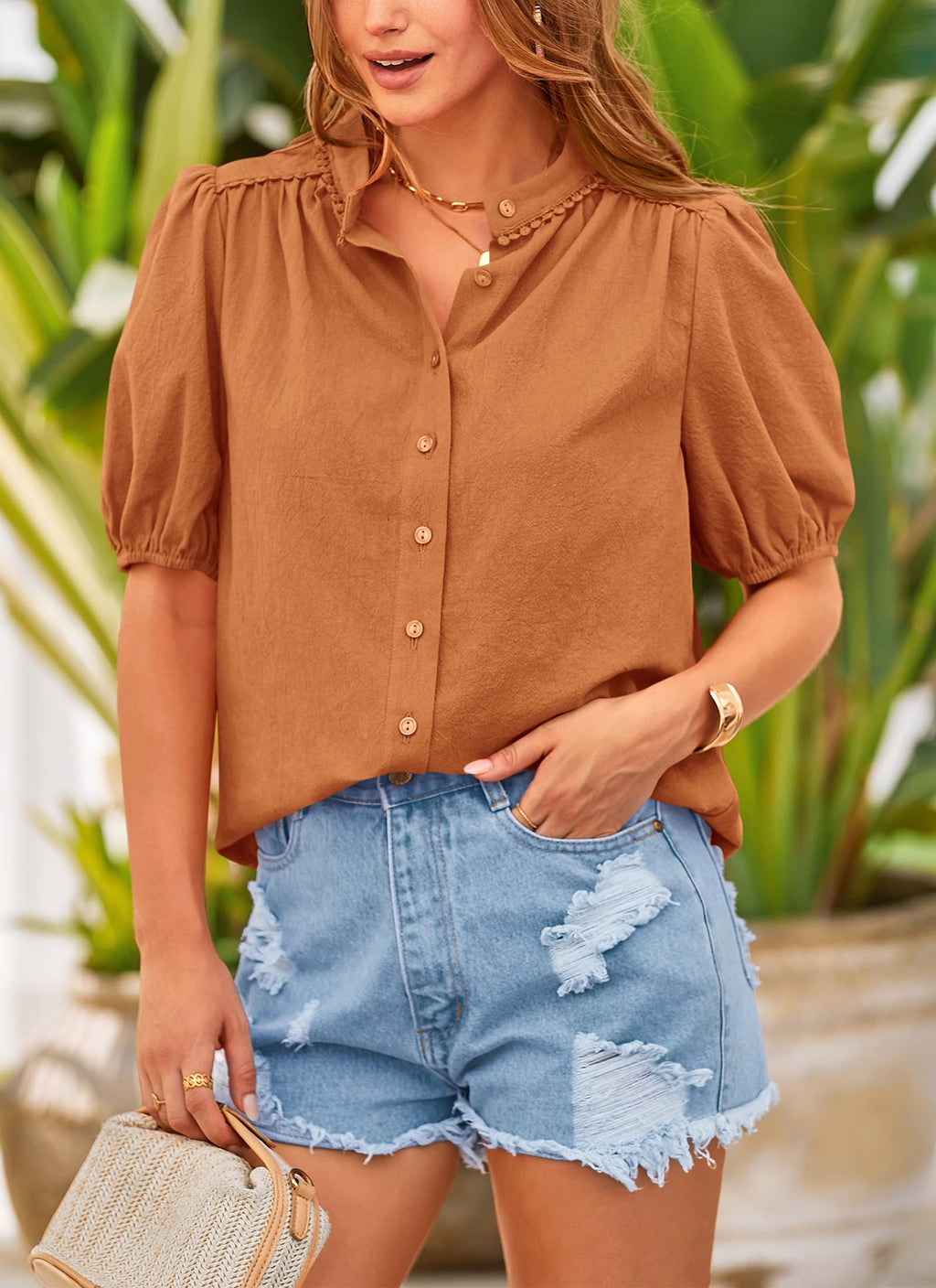 PRETTYGARDEN Women's Summer Button Down Shirts Short Lantern Sleeve V Neck Cotton Cute Dressy Casual Ladies Tops Blouses