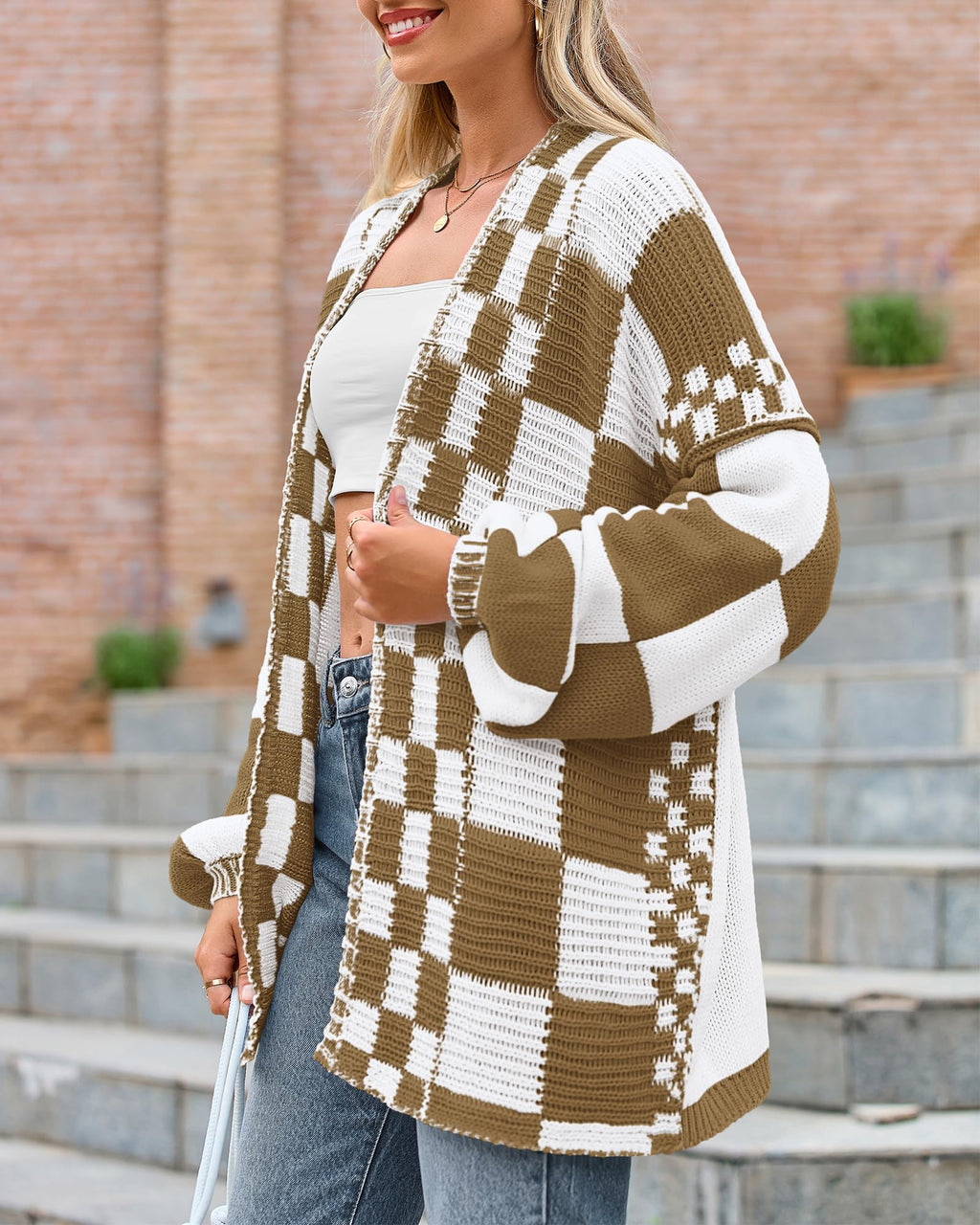 BTFBM Casual Cardigan Sweater for Women Fall Long Sleeve Sweaters Fall Outfits, Loose Fit,Solid,Open Front Chunky Knit Sweaters,Chunky Cardigan Sweaters For Women,Checkered Outwear Coat