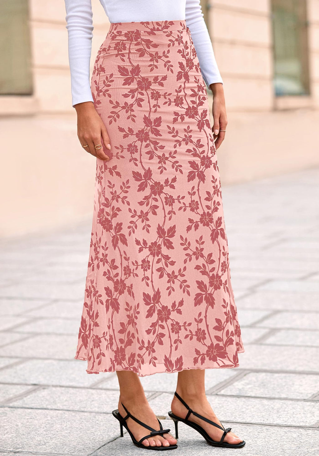 BTFBM Womens Floral Mesh Maxi Skirt Spring Summer Elastic High Waisted Boho Elegant Mermaid Long Skirts for Women