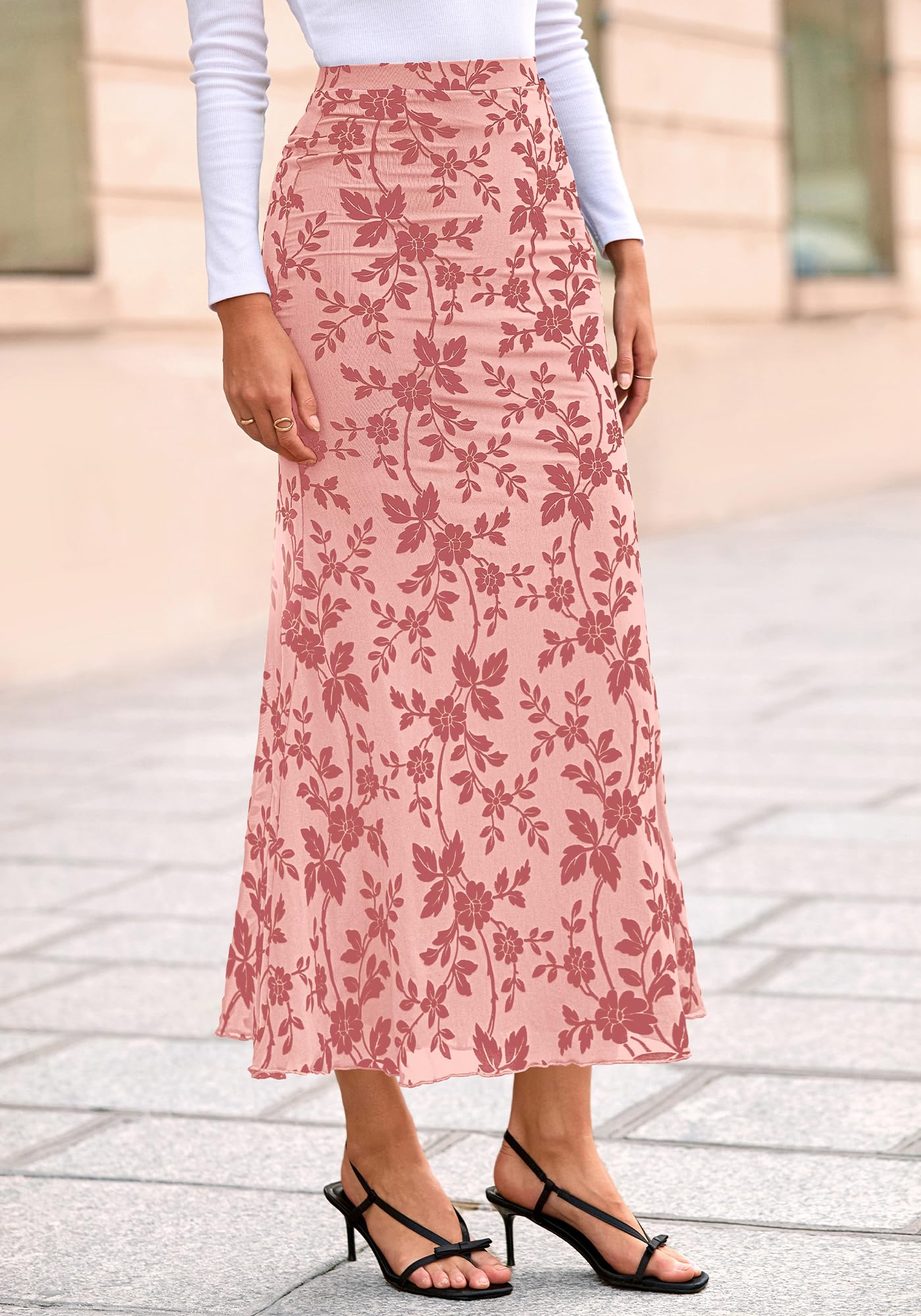 BTFBM Womens Floral Mesh Maxi Skirt Spring Summer Elastic High Waisted Boho Elegant Mermaid Long Skirts for Women