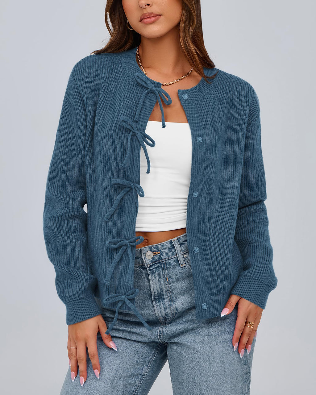 BTFBM Bow Cropped Cardigan Sweaters for Women Fall Winter Open Front Sweater Long Sleeve Button Fashion Spring Clothes