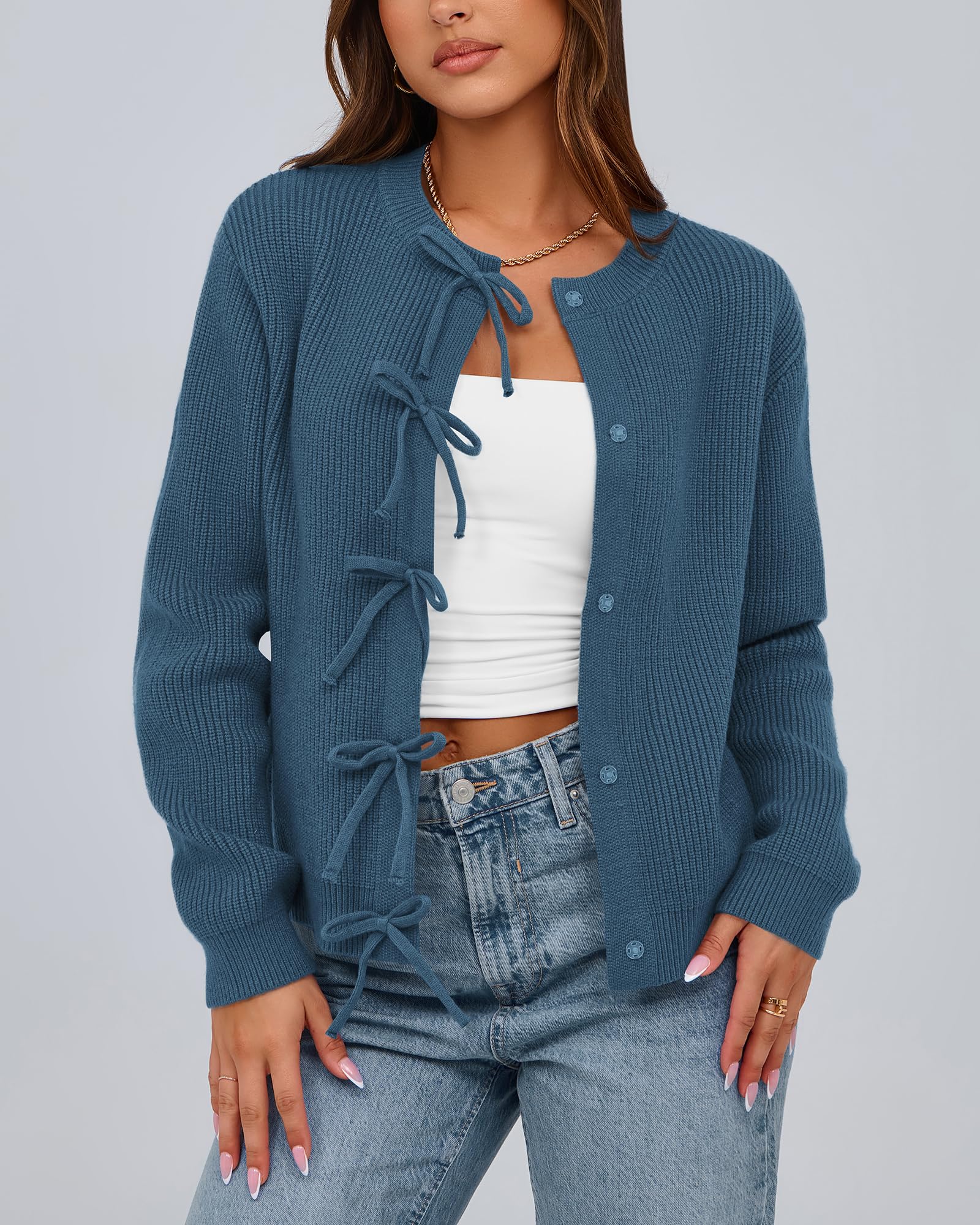 BTFBM Bow Cropped Cardigan Sweaters for Women Fall Winter Open Front Sweater Long Sleeve Button Fashion Spring Clothes