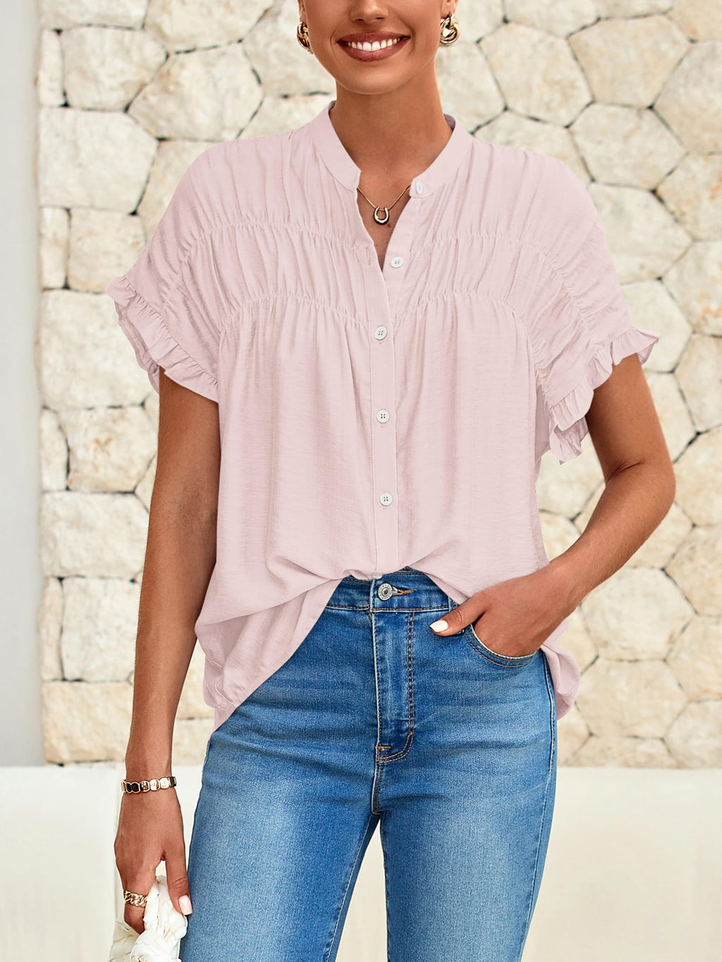 FreshPretty Womens Button Down Shirts Ruffle Short Sleeve Loose Summer Tops Dressy Casual V Neck Business Work Blouses