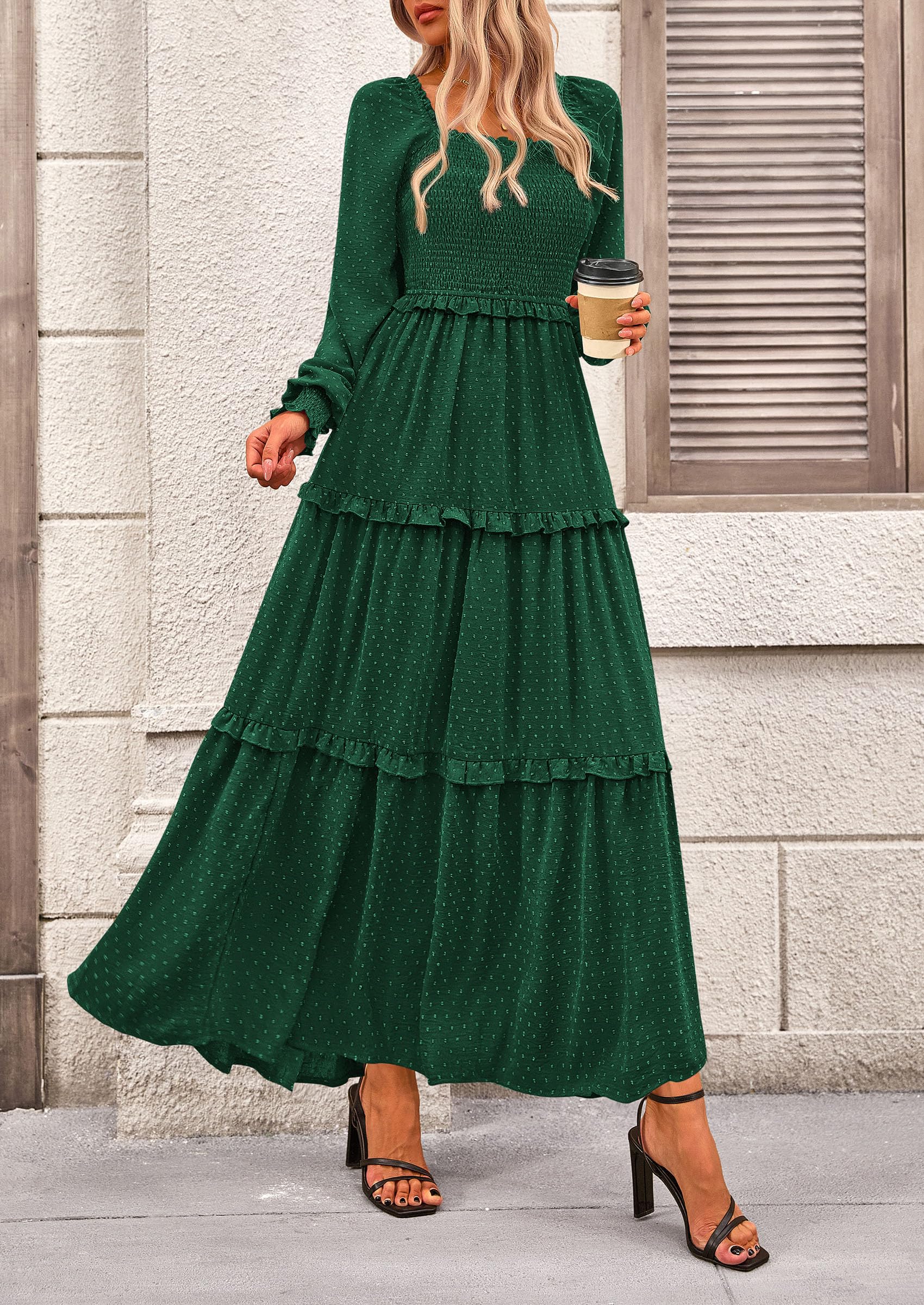 PRETTYGARDEN Fall Dresses for Women Long Sleeve Smocked Square Neck Swiss Dot Tiered Flowy Wedding Guest Maxi Dress