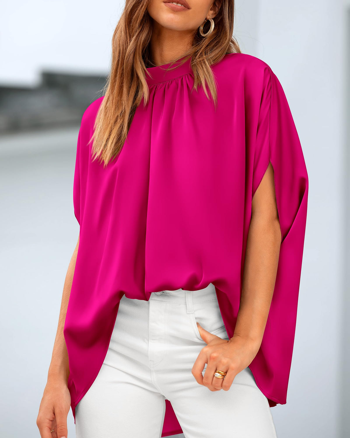 BTFBM Womens Summer Tops Mock Neck Batwing Sleeve Silk Satin Shirts Loose Oversized Dressy Casual Spring Blouses