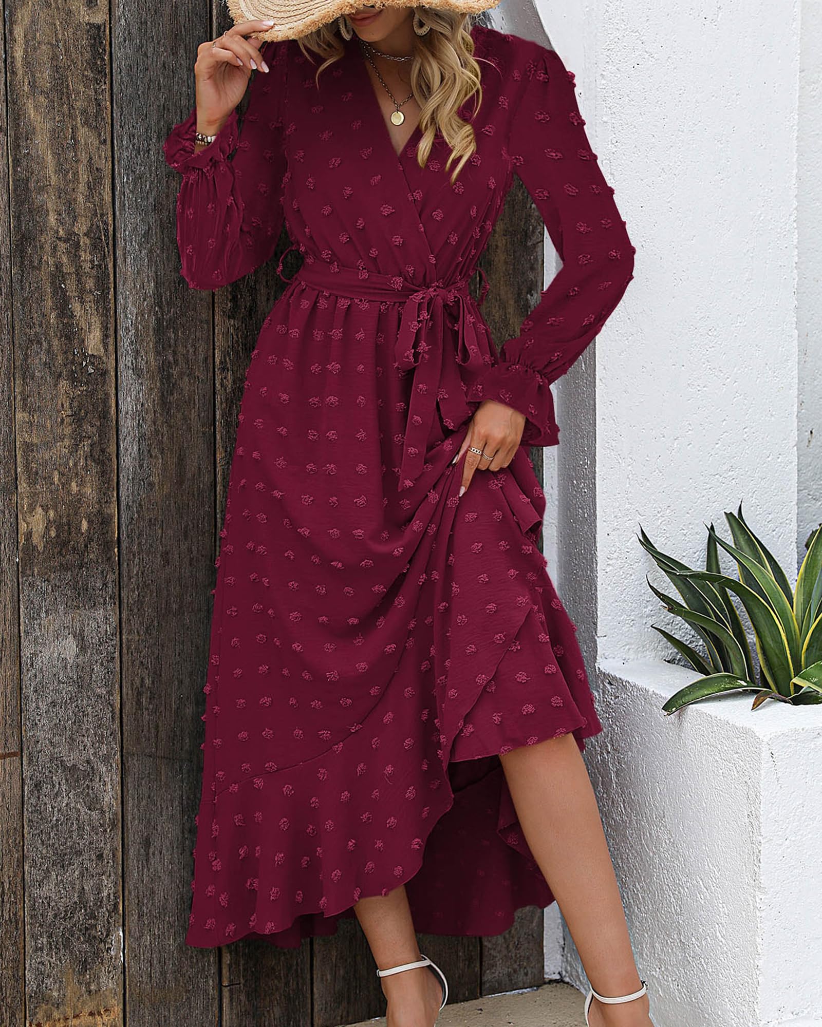 FreshPretty Long Sleeve Maxi Dresses for Women V Neck Swiss Dot Boho Flowy Slit Cocktail Wedding Guest Dress Fall Clothes