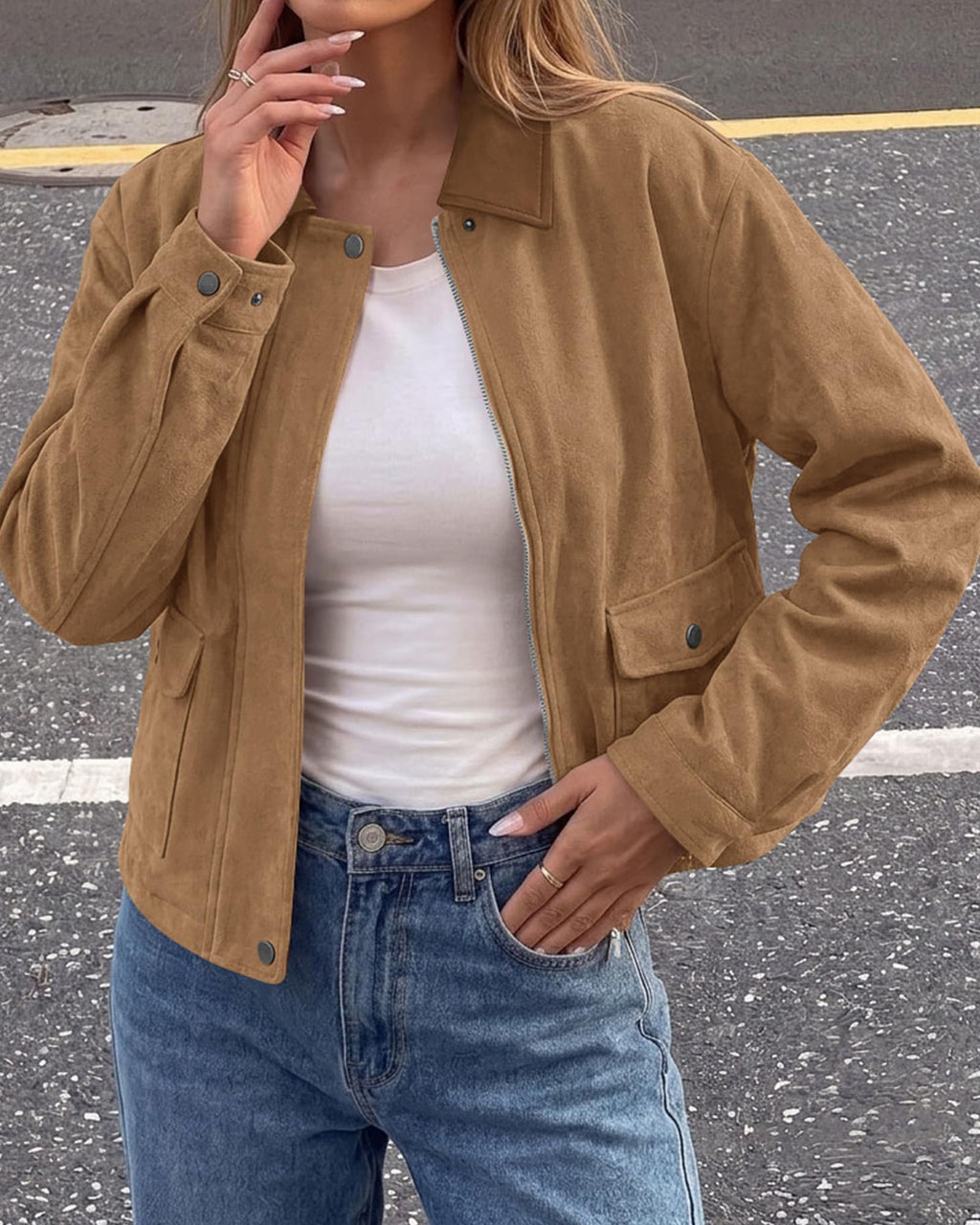 BTFBM Faux Suede Jacket Women Leather Lapel Zip Up Fall Outfits Button Down Long Sleeve Outerwear With Flap Pockets, Early Winter Coats, Motorcycle Jackets, Western Country Concert Outfits