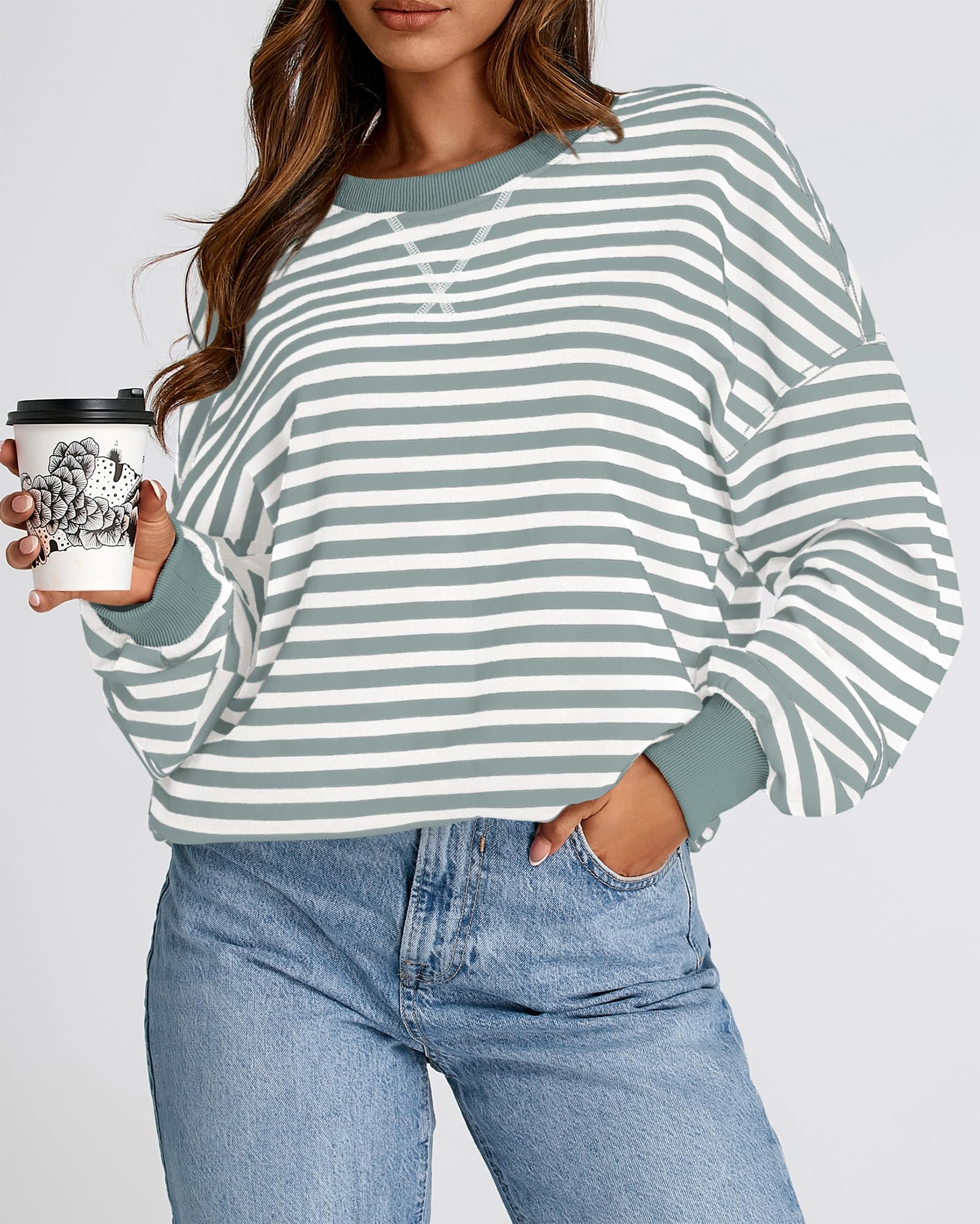 BTFBM Sweatshirt For Women Summer Crewneck Long Sleeve Oversized Striped Pullover Tops Y2K Clothes Workout Shirt