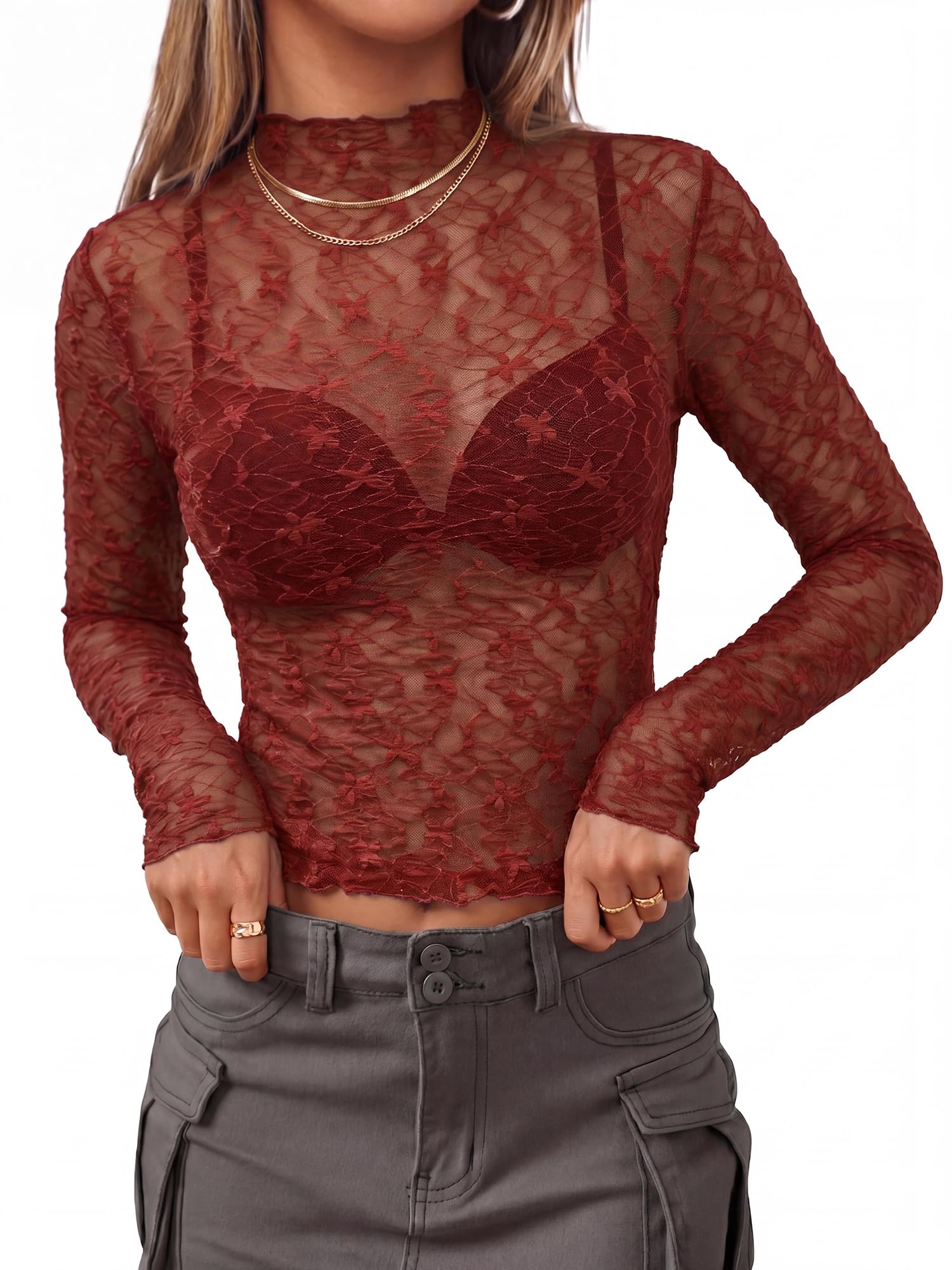 BTFBM Womens Tops Mesh Lace Long Sleeve Tops for Women Spring Fall Sheer See Through Tight Party Club Outfits