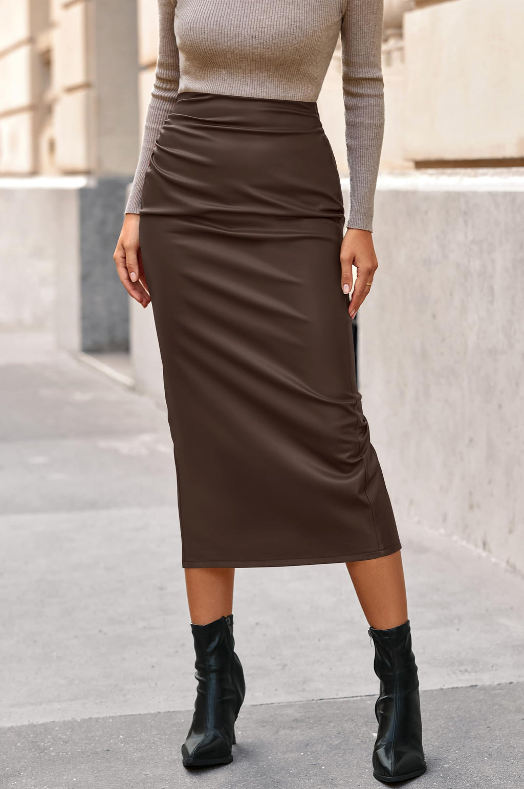 BTFBM Skirts for Women Trendy Spring Elastic Waist Ruched Bodycon Slit Pencil Midi Leather Skirt Bussiness Casual