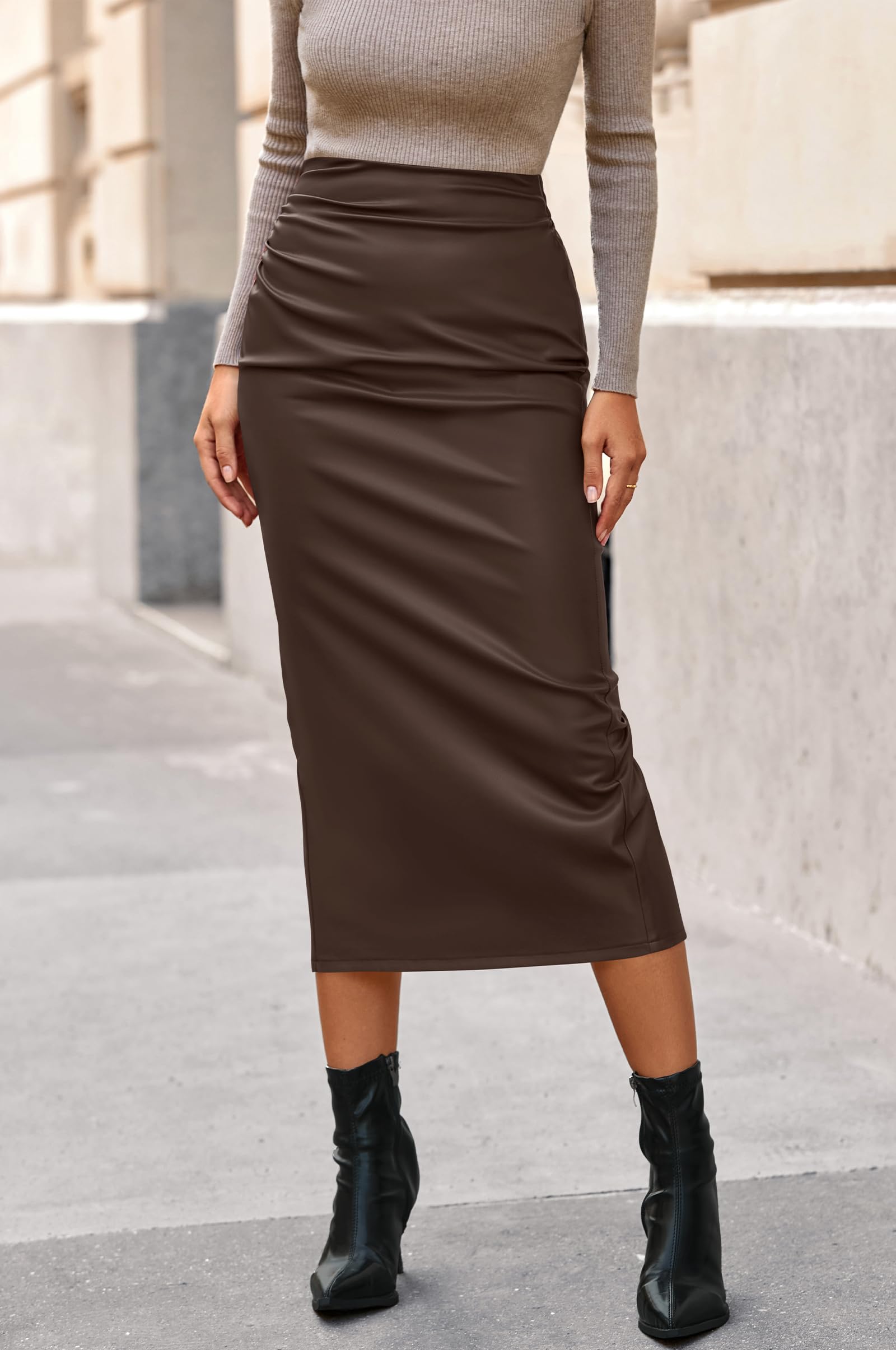 BTFBM Skirts for Women Trendy Spring Elastic Waist Ruched Bodycon Slit Pencil Midi Leather Skirt Bussiness Casual