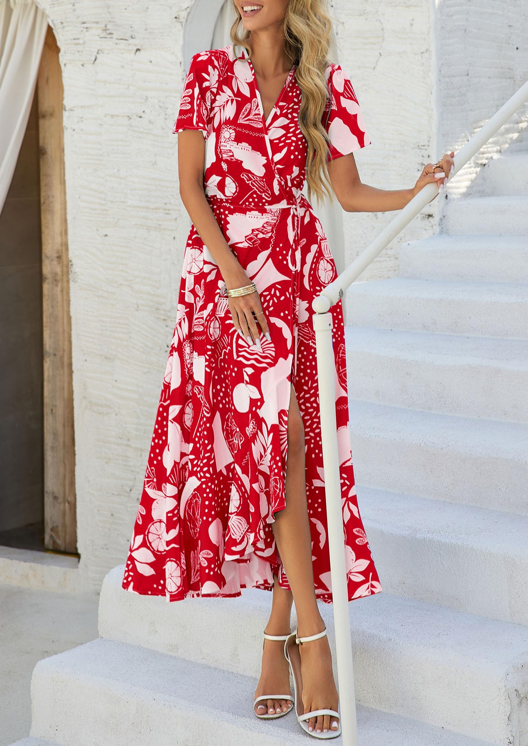 PRETTYGARDEN Women's Summer Maxi Dress Casual Wrap Floral Boho Short Sleeve V Neck Split Ruffle Beach Long Dresses