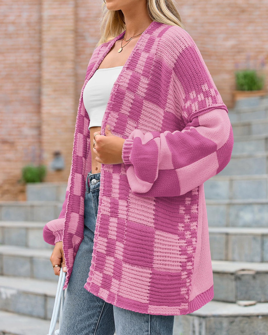BTFBM Casual Cardigan Sweater for Women Fall Long Sleeve Sweaters Fall Outfits, Loose Fit,Solid,Open Front Chunky Knit Sweaters,Chunky Cardigan Sweaters For Women,Checkered Outwear Coat